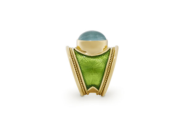 Aquamarine with Lime Green Enamel Tapered Templar Ring