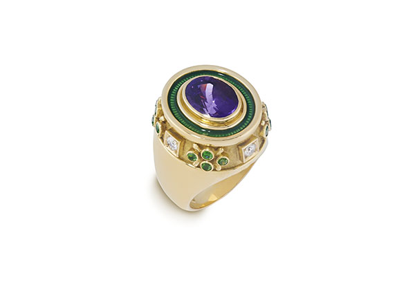 Purple Sapphire, Green Garnet and Diamond Charlemagne Ring