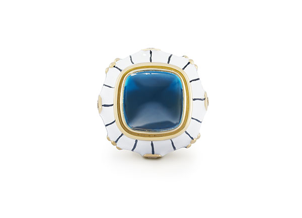 Blue Topaz and White Enamel Ottoman Ring