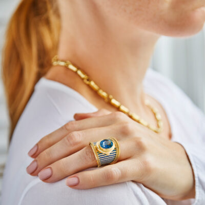 Aquamarine and Blue Enamel Striped Tapered Templar Ring