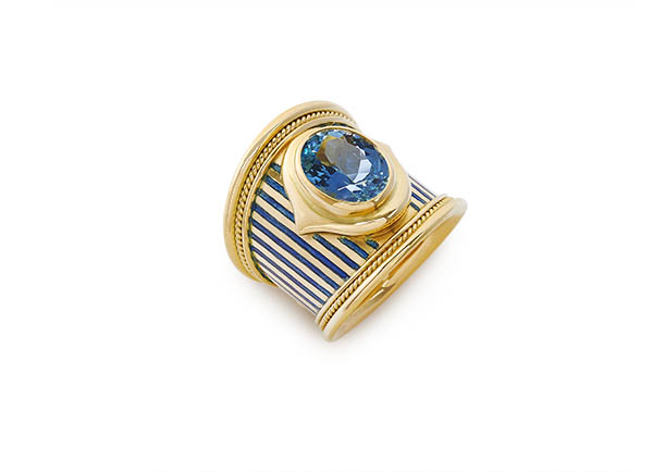 Aquamarine and Blue Enamel Striped Tapered Templar Ring