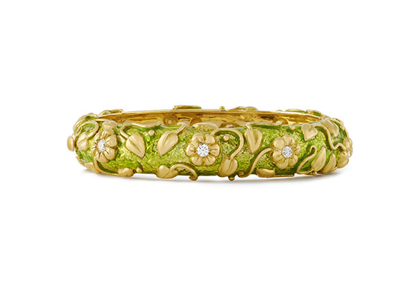 Gold Bangle with Green Enamel, Myrtle Leaves and Diamonds