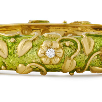 Gold Bangle with Green Enamel, Myrtle Leaves and Diamonds