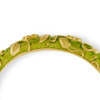 Gold Bangle with Green Enamel, Myrtle Leaves and Diamonds