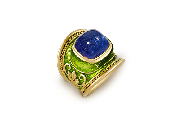 Tanzanite with Vine Leaves and Enamel Tapered Templar Ring