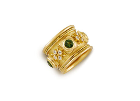 Elegant 18ct yellow gold Templar band ring featuring four round faceted green tourmalines totaling 1.78cts, set on square gold plinths. The ring is adorned with sixteen round brilliant-cut diamonds totaling 0.45cts, gold stamen motifs, and is finished with a wire-twist-wire edge, measuring 16mm in width