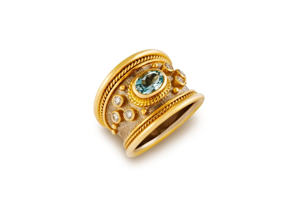 Diamond and Aquamarine Tapered Templar Ring