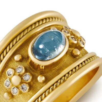 Tapered Templar Ring with Aquamarine and Diamonds