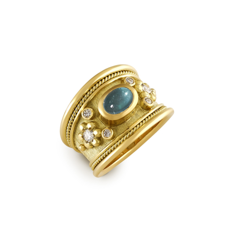 18ct yellow gold Templar ring with 0.83ct aquamarine, diamond-set flower motifs, and linen-textured background