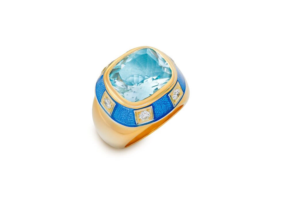 Blue Topaz, Diamond and Blue Enamel Charlemagne Ring