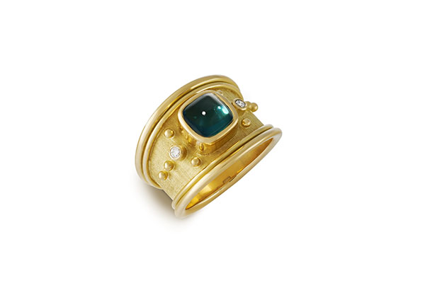 Blue-Green Tourmaline and Diamond Tapered Templar Ring