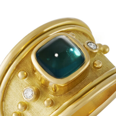 Blue-Green Tourmaline Tapered Templar Ring with Diamonds