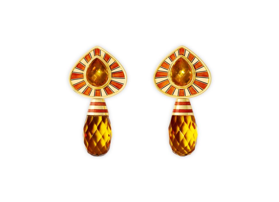 Fire Opal Earrings with Amber Drops and Enamel