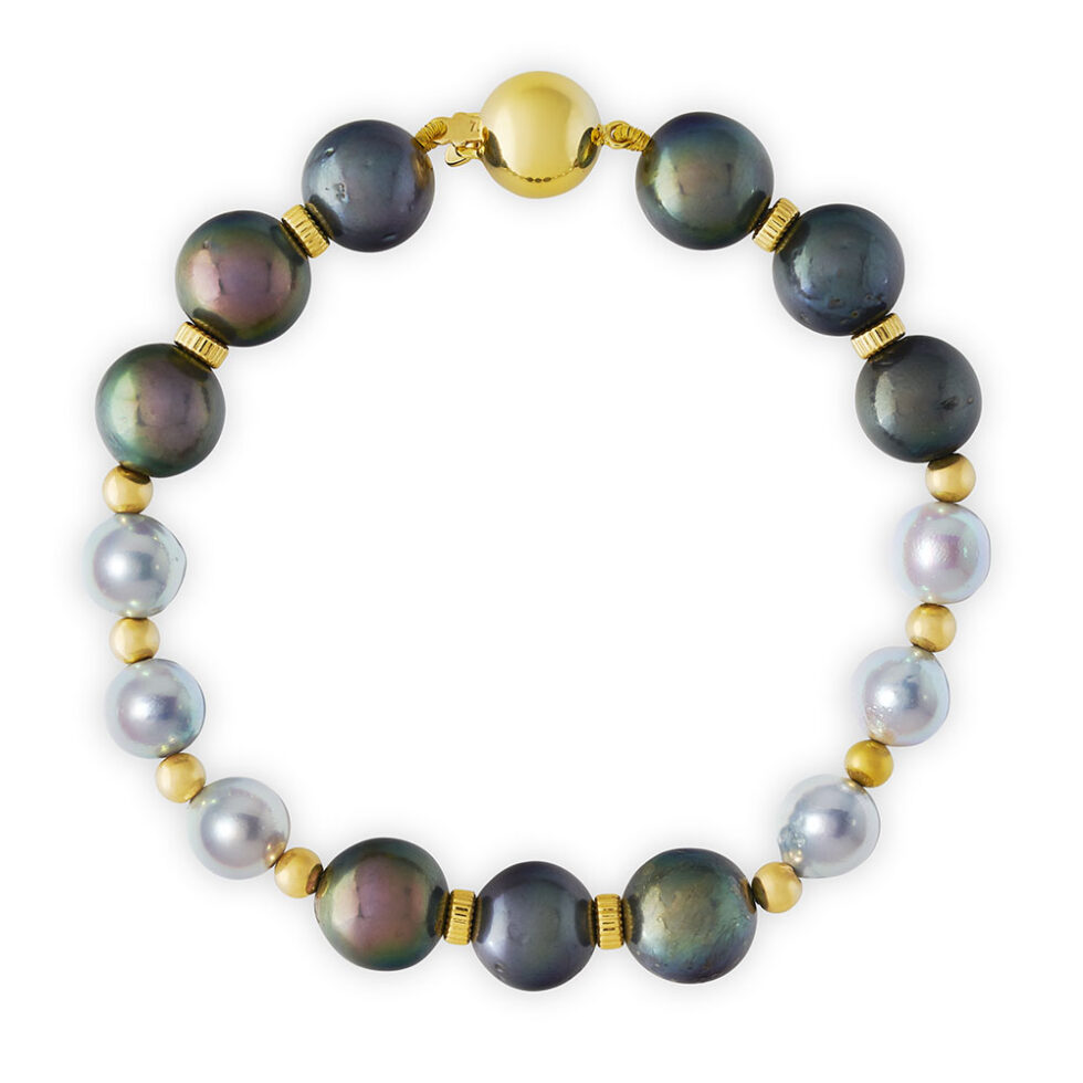 Black and Grey Cultured Pearl Bracelet with Gold Rondelles