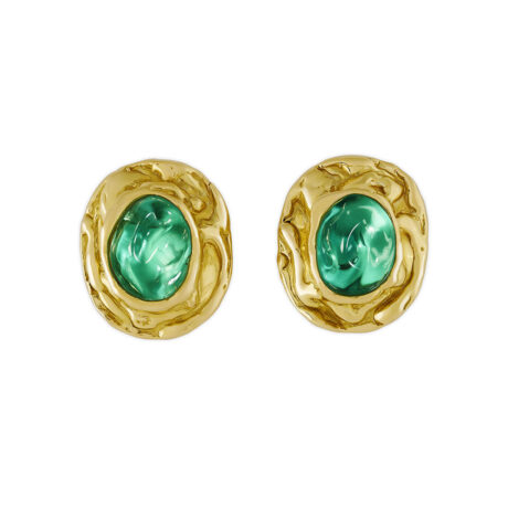 18ct yellow gold earrings with vivid fluorite baroque pebbles (45.10cts) set in molten gold surrounds. Secure clip fittings for comfortable wear.