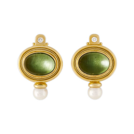 18ct yellow gold Valois earrings with green tourmalines, brilliant-cut diamonds, Akoya pearls, and a wire-twist-wire surround. 35mm with clip fittings.