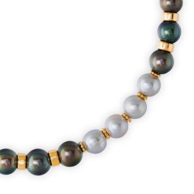 Black and Silver-Grey Cultured Pearl Necklace and Gold Rondelles