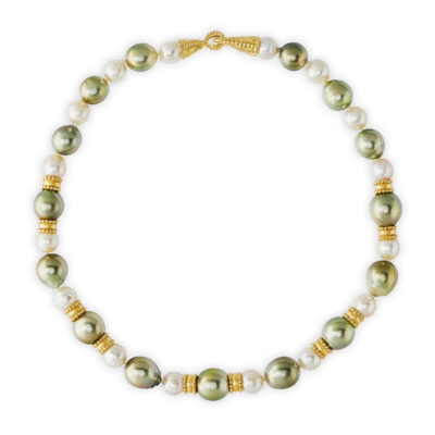 Pistachio-Green and Cream Cultured Pearl Necklace and Dragon Head Clasp