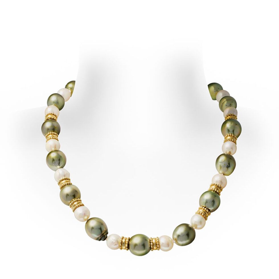 Pistachio-Green and Cream Cultured Pearl Necklace and Dragon Head Clasp