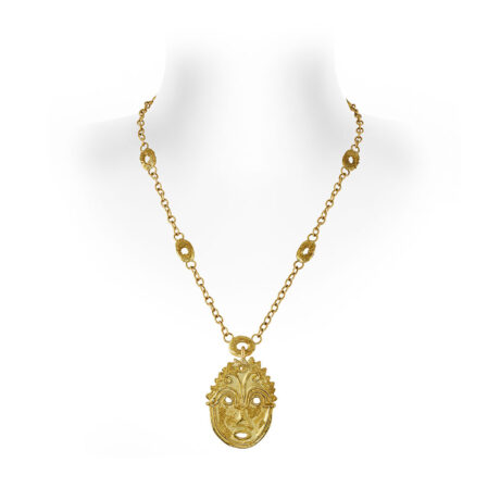 18ct yellow gold abstract face pendant with wire and granulation details, paired with an 18½-inch granulated link and polished chain necklace.