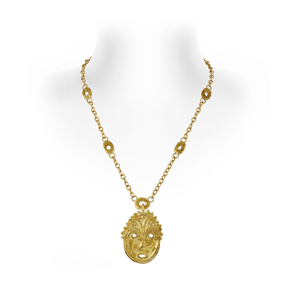 Abstract Face Gold Pendant with Granulated Gold Necklace