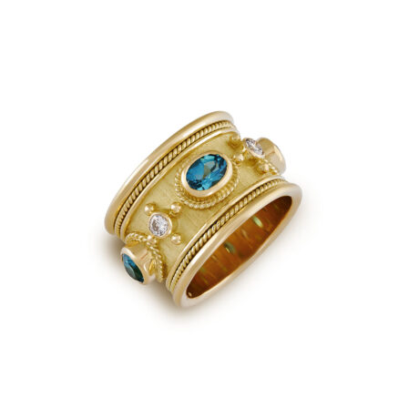 18ct yellow gold Templar band ring with blue tourmalines, diamonds, gold bead detailing, and wire-twist-wire edging. Elegant and timeless.