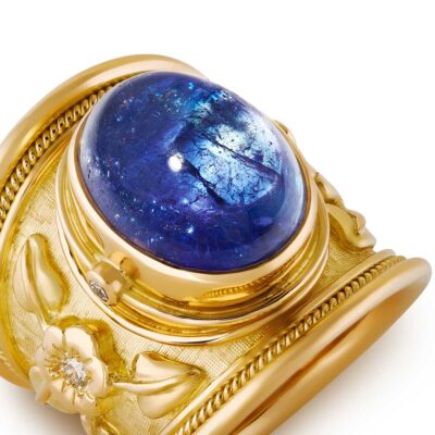 Tanzanite, Diamond, Flower and Mytle Leaf Motif Tapered Templar Ring