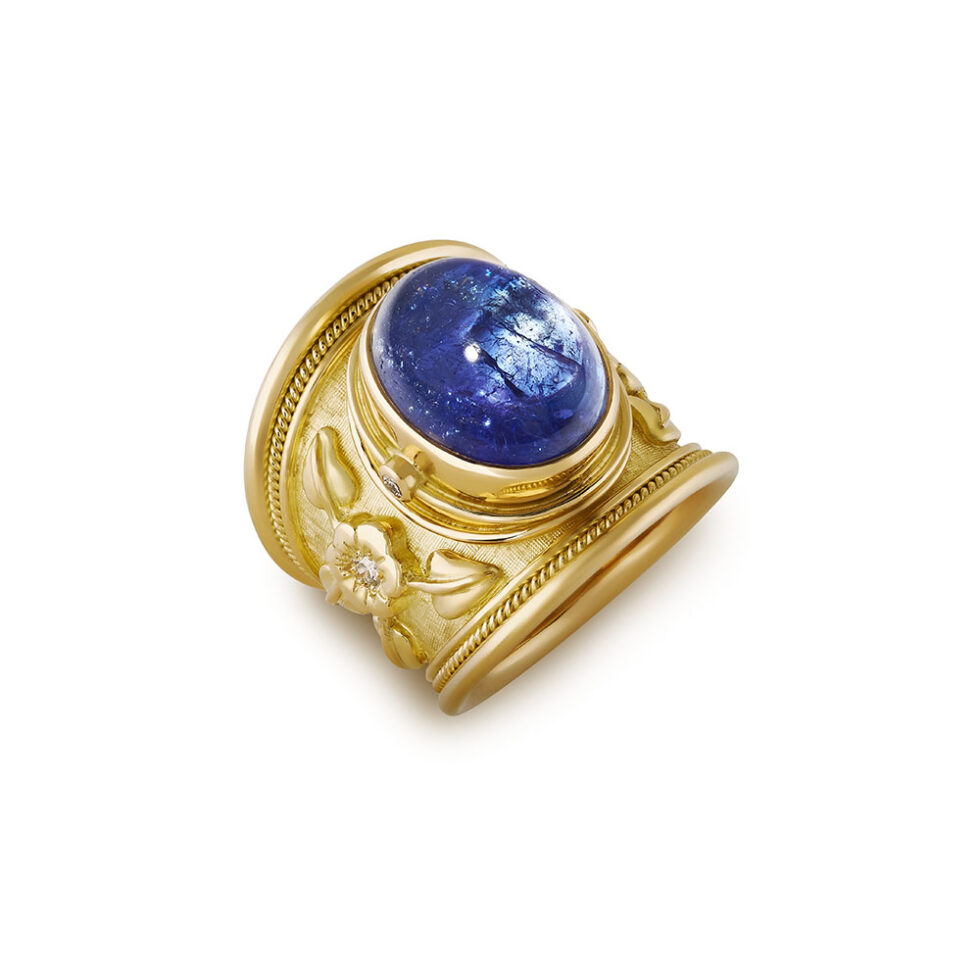 Tanzanite, Diamond, Flower and Mytle Leaf Motif Tapered Templar Ring