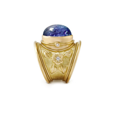 Tanzanite, Diamond, Flower and Mytle Leaf Motif Tapered Templar Ring