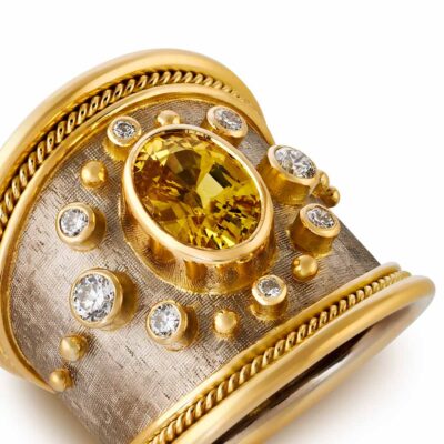 Tapered Templar Ring with Yellow Sapphire and Diamonds