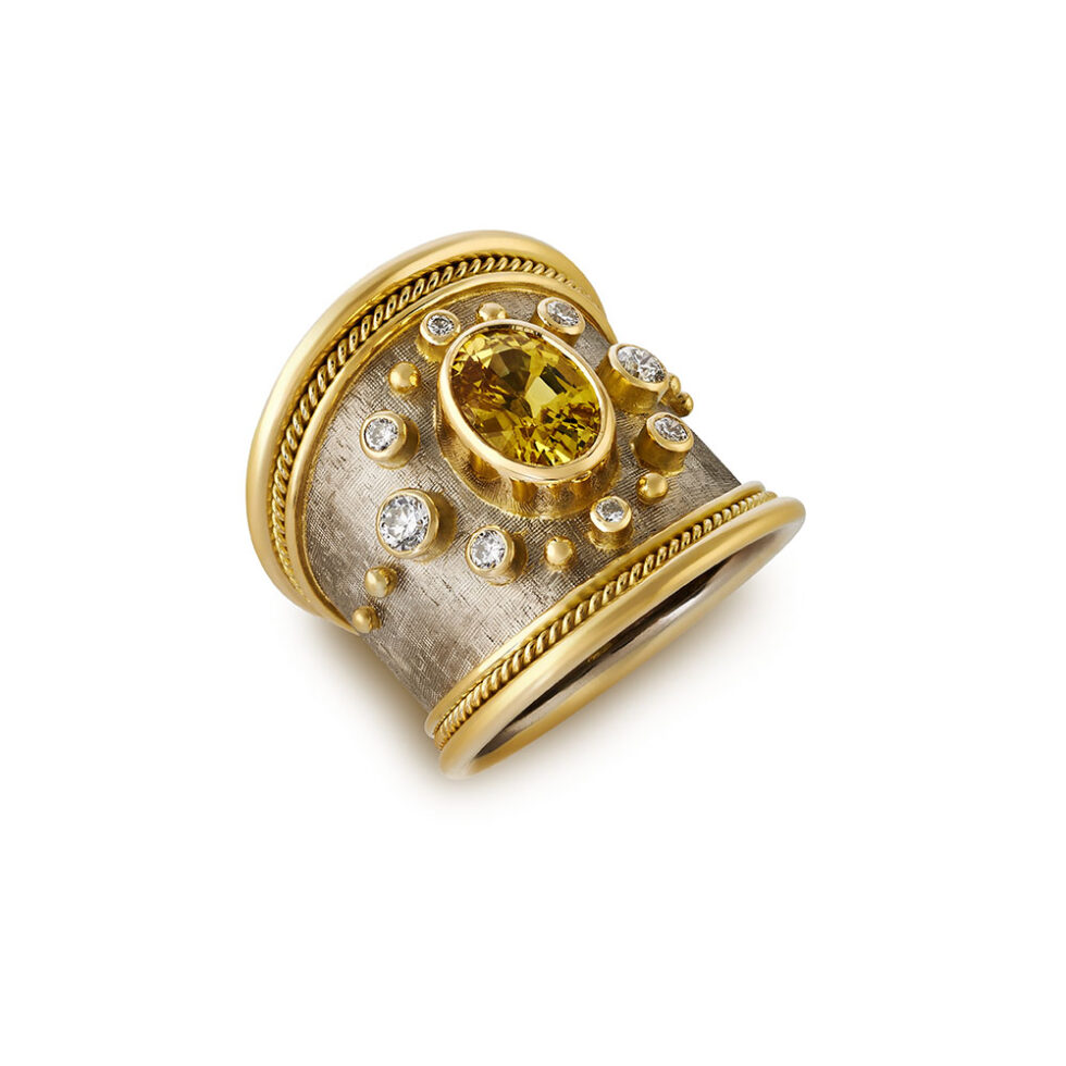 Tapered Templar Ring with Yellow Sapphire and Diamonds