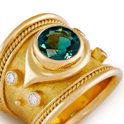 Tapered Templar Ring with Blue-Green Tourmaline and Diamonds