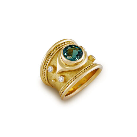 18ct yellow gold Templar ring with a 2.08ct round blue-green tourmaline, four diamonds, gold bead details, and a wire-twist-wire edge.