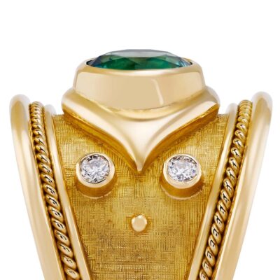 Tapered Templar Ring with Blue-Green Tourmaline and Diamonds