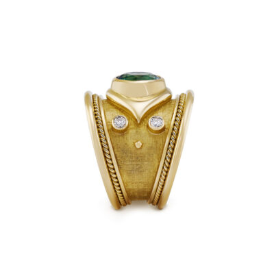 Tapered Templar Ring with Blue-Green Tourmaline and Diamonds