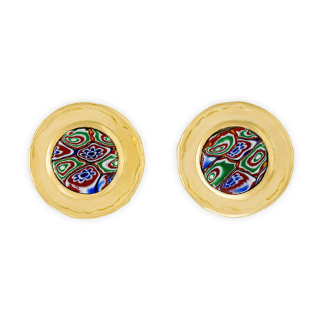 18ct yellow gold earrings with 1950s Venetian millefiori glass beads, set in molten-edged surrounds. Clip fittings for secure wear