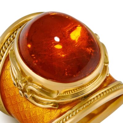 Mandarin Garnet, Enamel and Diamond Tapered Templar Ring