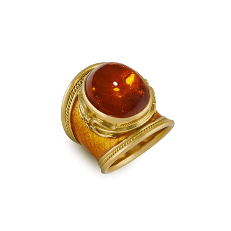 18ct yellow gold Templar ring with a 29.37ct oval mandarin garnet, saffron enamel, diamonds, and wire-twist-wire edges. Luxurious and unique.