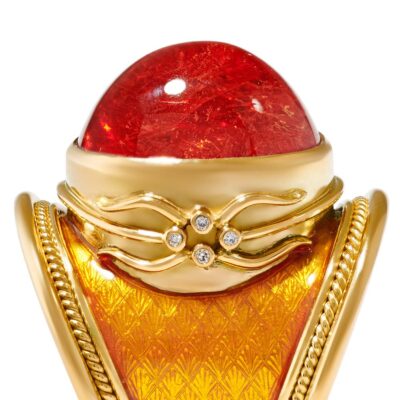 Mandarin Garnet, Enamel and Diamond Tapered Templar Ring