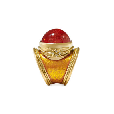 Mandarin Garnet, Enamel and Diamond Tapered Templar Ring