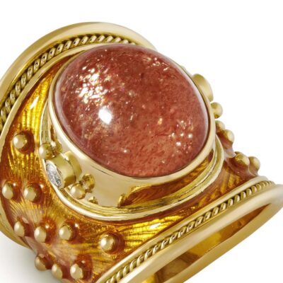 Sunstone, Diamond and Saffron Enamel Tapered Templar Ring