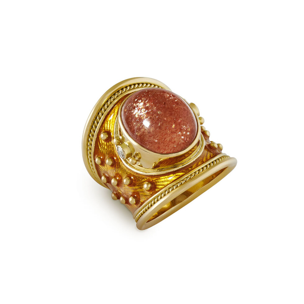 Sunstone, Diamond and Saffron Enamel Tapered Templar Ring