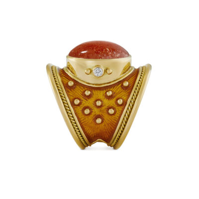 Sunstone, Diamond and Saffron Enamel Tapered Templar Ring