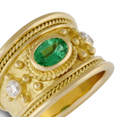 Tapered Templar Ring with Emerald and Diamonds