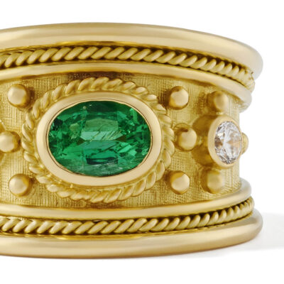 Tapered Templar Ring with Emerald and Diamonds