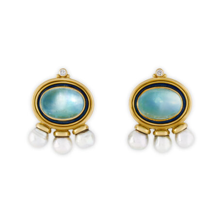 18ct yellow gold African Queen earrings with oval aquamarines, brilliant-cut diamonds, gold beads, and grey cultured pearls. Luxurious and unique design.