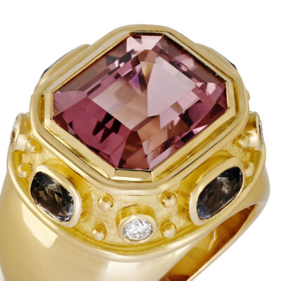 Pink Tourmaline, Grey Spinel and Diamond Charlemagne Ring