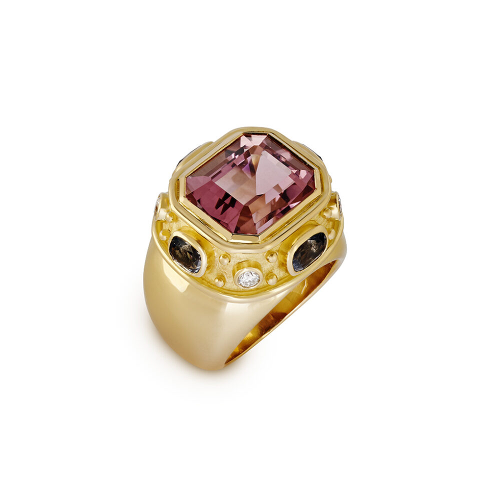 Pink Tourmaline, Grey Spinel and Diamond Charlemagne Ring