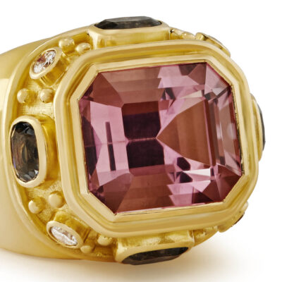 Pink Tourmaline, Grey Spinel and Diamond Charlemagne Ring