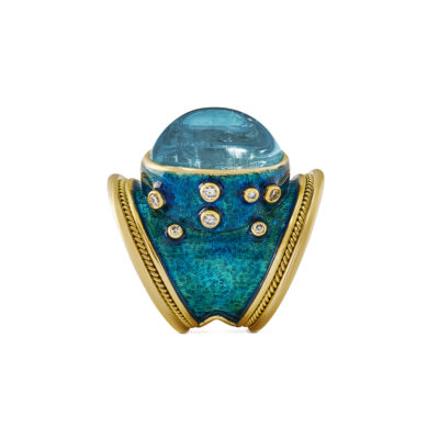 Aquamarine, Dark Turquoise Enamel and Diamond Tapered Templar Ring